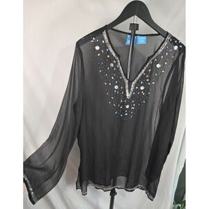Sheer Beaded Boho Tunic Top Sz XL Black Embellished V Neck Festival Resort Beach